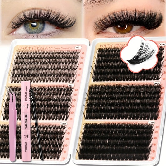 708Pcs Mixed Density Lash Clusters Kit 8-16mm 30D-100D Mega Volume with Glue Tweezers & Brush – Soft Reusable DIY Cluster Lashes for Natural to Dramatic Salon-Style Eye Makeup at Home
