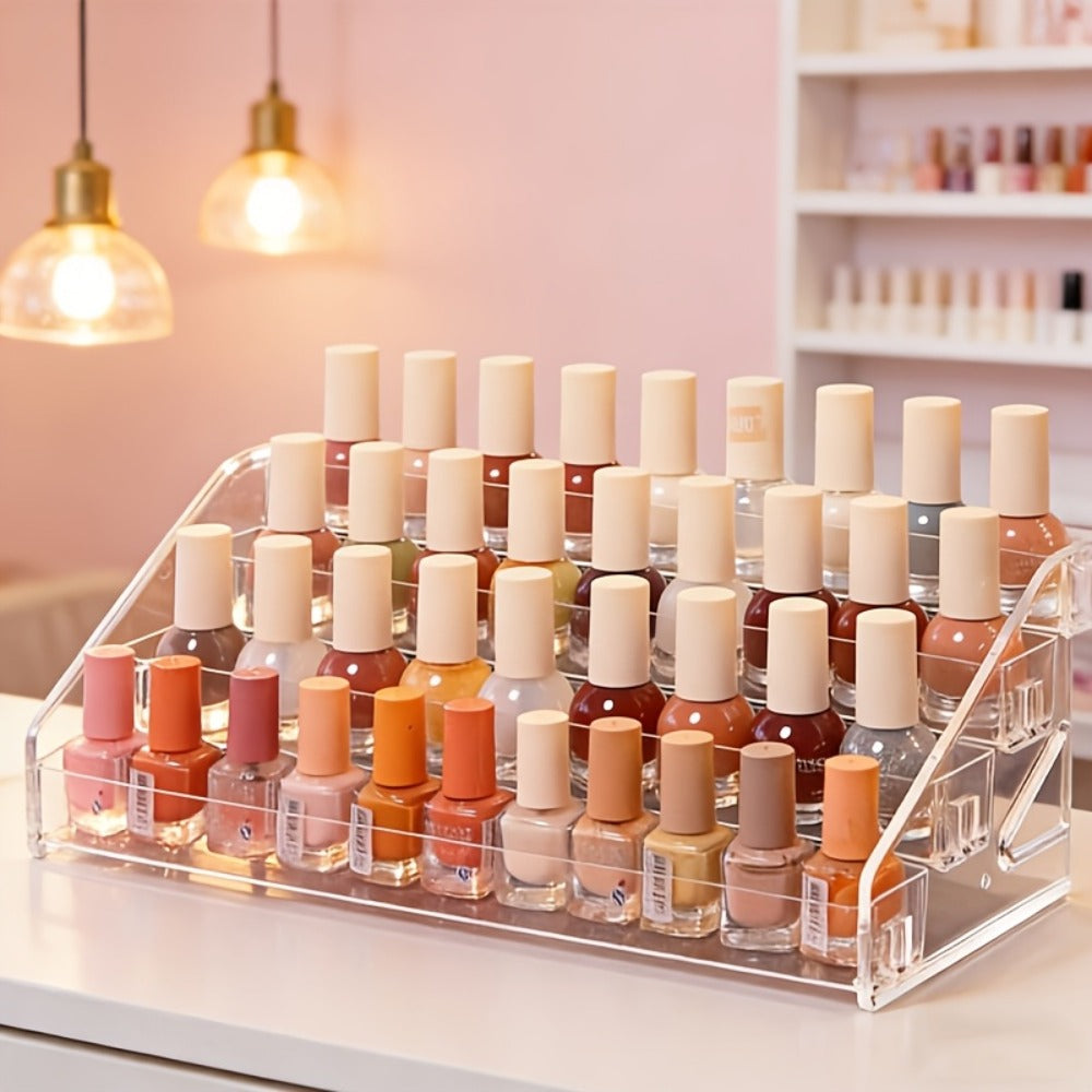 Four-Tier Clear Nail Polish Display Rack with Stepped Shelves and Transparent Checkout Configuration