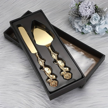 Cake Knife and Spatula Set with Rose Handle – Silver-Plated Dessert Server Gift Box Set for Wedding, Birthday & Party