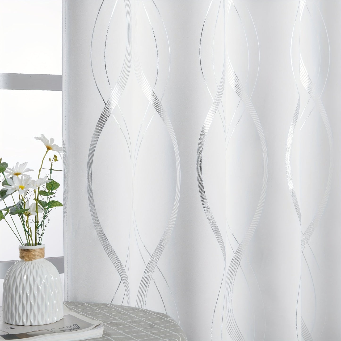 Two-Panel Wave-Line Foil Print Blackout Curtains in 10 Colors with 42- or 52-Inch Width Options