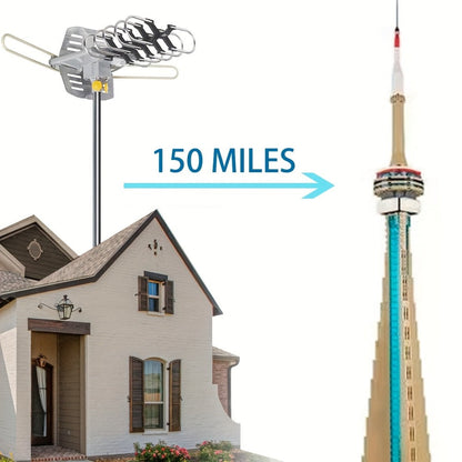 Amplified Outdoor TV Antenna 150 Mile Range, Motorized 360° Rotation, UHF VHF 4K 1080P, Wireless Remote