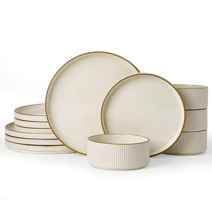 12-Piece Ribbed Dinnerware Set for Four with Dinner Plates, Salad Plates and Cereal Bowls in Two Cream Tones
