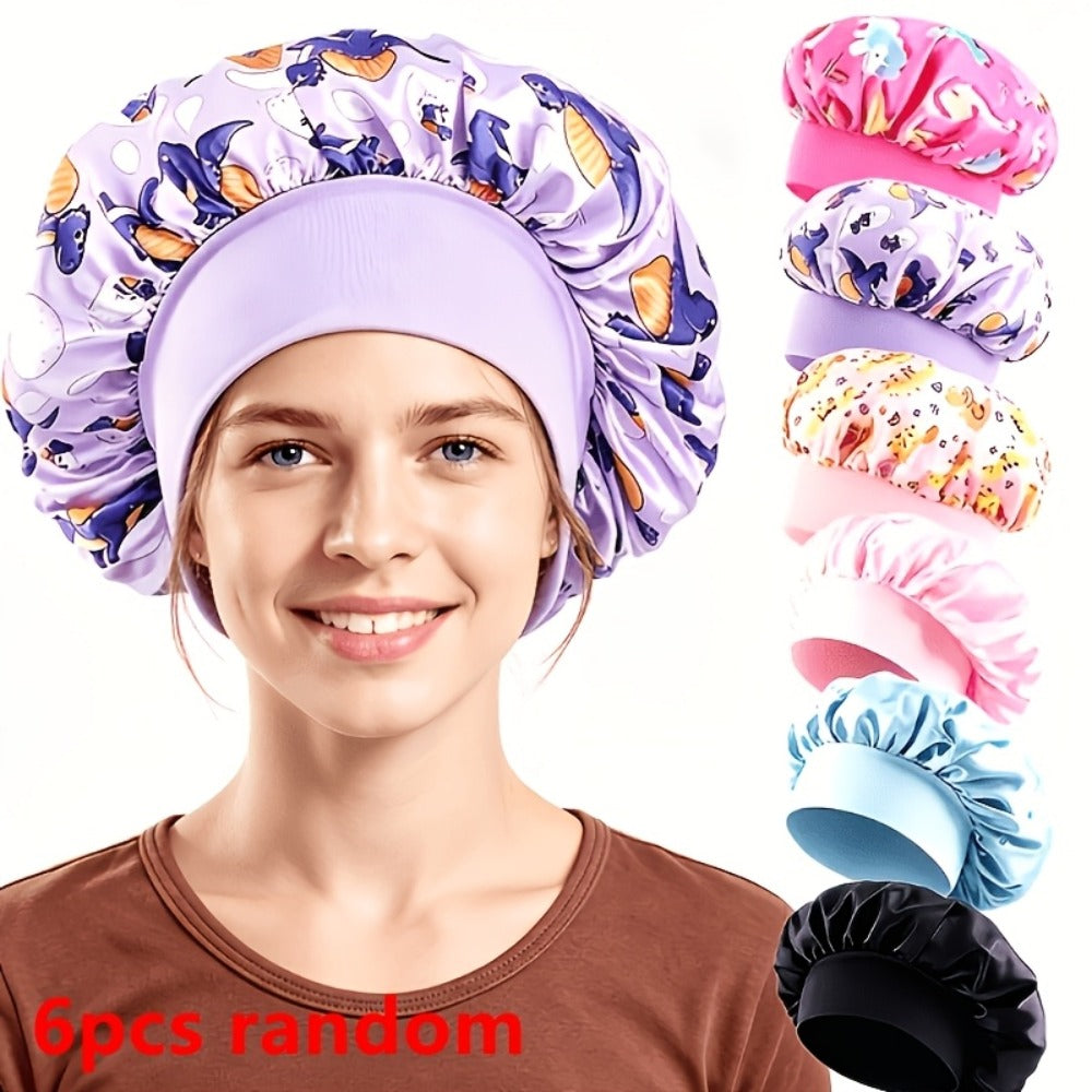 Six-Piece Printed Shower Cap Set in Five Protected Assorted Color and Cartoon Pattern Options