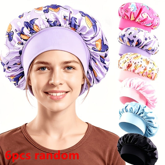 Shower Caps 6 Pack Unicorn Colorful Printed - Adjustable Elastic Reusable Waterproof Hair Cap Set for Women & Girls, Spa Salon Bath Travel Hair Protection, Fun Cute Design