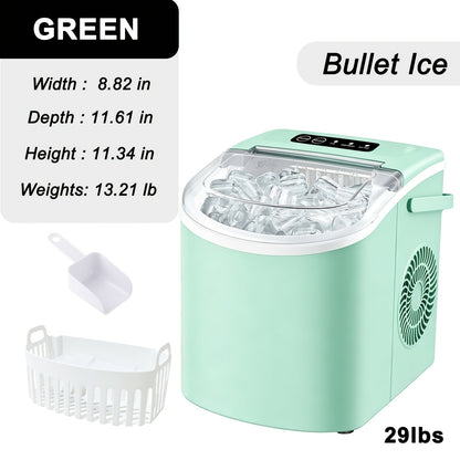 Ice Maker with Basket & Scoop, /Day Countertop Bullet Ice Machine, 9 Cubes in 6 Mins, Self-Cleaning
