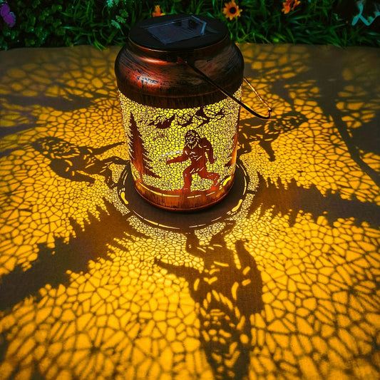 Solar Outdoor Lights Bigfoot Metal Hanging Lantern with IP65 Rating and Warm Pattern Projection