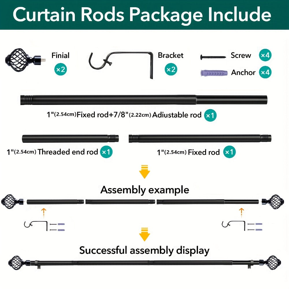 Black Adjustable Curtain Rod with Lattice Finials and Four Length Ranges from 18–32 to 34–152 Inches