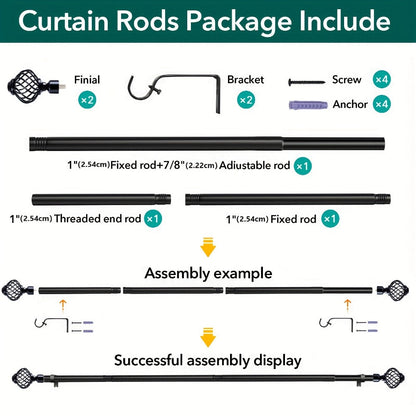 Black Adjustable Curtain Rod with Lattice Finials and Four Length Ranges from 18–32 to 34–152 Inches