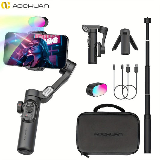 3-Axis Gimbal Stabilizer for Smartphone iPhone Samsung Android Ultra Lightweight Foldable Portable Vlogging Video Creator Gimbal AOCHUAN Smart XE Combo