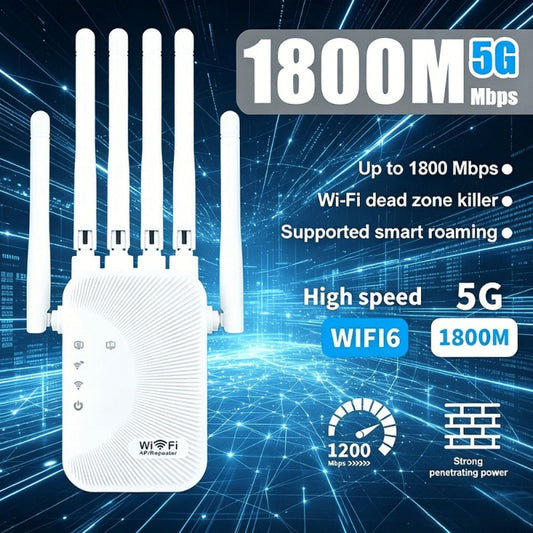 8500 Sq Ft WiFi Range Extender 6-Antenna - High-Speed Wireless Repeater with Ethernet Port, Plug and Play WPS Setup, for Home Office Online Gaming 4K Streaming, White