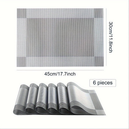Six-Piece PVC Placemats in Gold, Brown or Silver, Each 11.8 x 17.7 Inches for Dining Tables