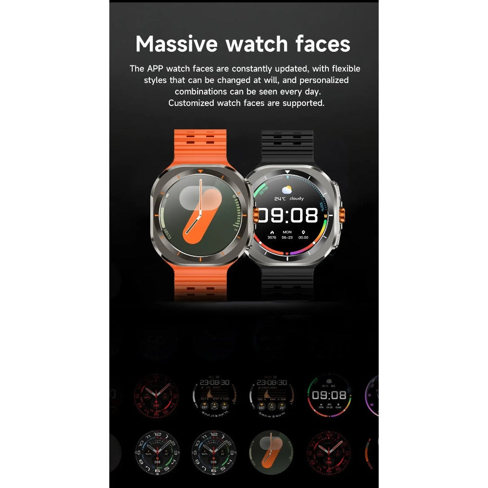 Smart Watch Round Display with Wireless Calling, Custom Faces and Orange, Black, White or Blue Band