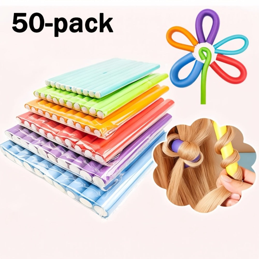 50-Piece Flexible Foam Curl Former Set in Random Colors for Heatless Waves, Spirals and Short Hair Styling