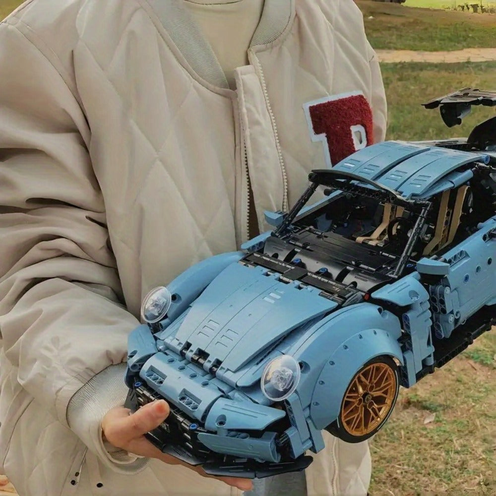 Misty Blue Lowrider Sports Car Building Block Model with 2,100 Pieces, Two Checkout Sets and Display Stand