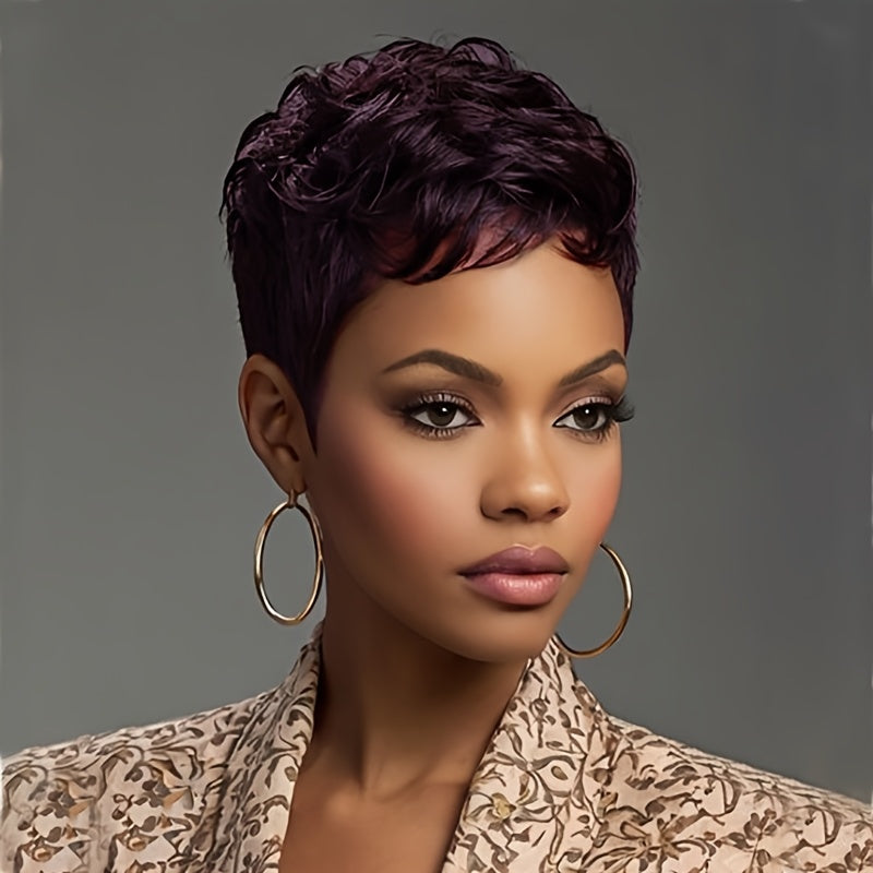 Layered Pixie Wig with Bangs Body Wave Rose Net Cap 4 Inch Synthetic Multi Color Black Burgundy Brown Red for Women Low Maintenance Casual Formal Daily Wear Party