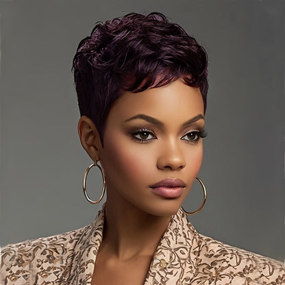 Layered Pixie Wig with Bangs Body Wave Rose Net Cap 4 Inch Synthetic Multi Color Black Burgundy Brown Red for Women Low Maintenance Casual Formal Daily Wear Party