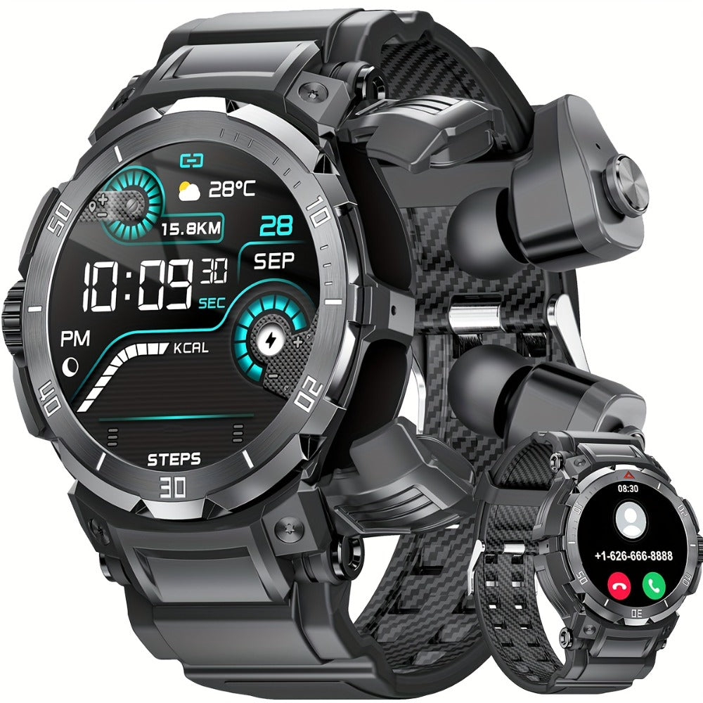 2-in-1 Smartwatch with Built-In Earphones 1.46 Inch IPS Touch Screen 100 Sport Modes Outdoor Fitness Tracker Heart Rate Blood Oxygen Sleep Monitor Weather Alarm Remote Control iPhone Android Compatible Extra Strap Included