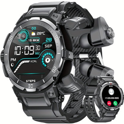 2-in-1 Smartwatch with Built-In Earphones 1.46 Inch IPS Touch Screen 100 Sport Modes Outdoor Fitness Tracker Heart Rate Blood Oxygen Sleep Monitor Weather Alarm Remote Control iPhone Android Compatible Extra Strap Included