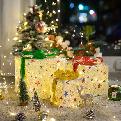 Three-Piece Lighted Gift Box Decoration Set with LED String Lights, Bow Handles and Four Holiday Style Options