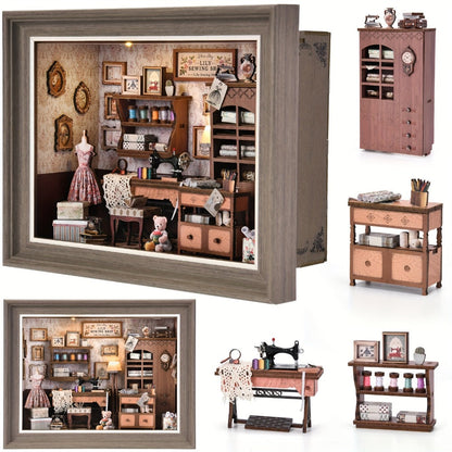 Seam House Book Nook Kit with Framed Sewing-Room Scene and Standard, Fireplace or Dwarf Style Options