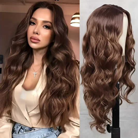 Synthetic Wig 28-Inch Big-Wave Curly Headband Style in Dark Brown or Black for Parties and Weddings