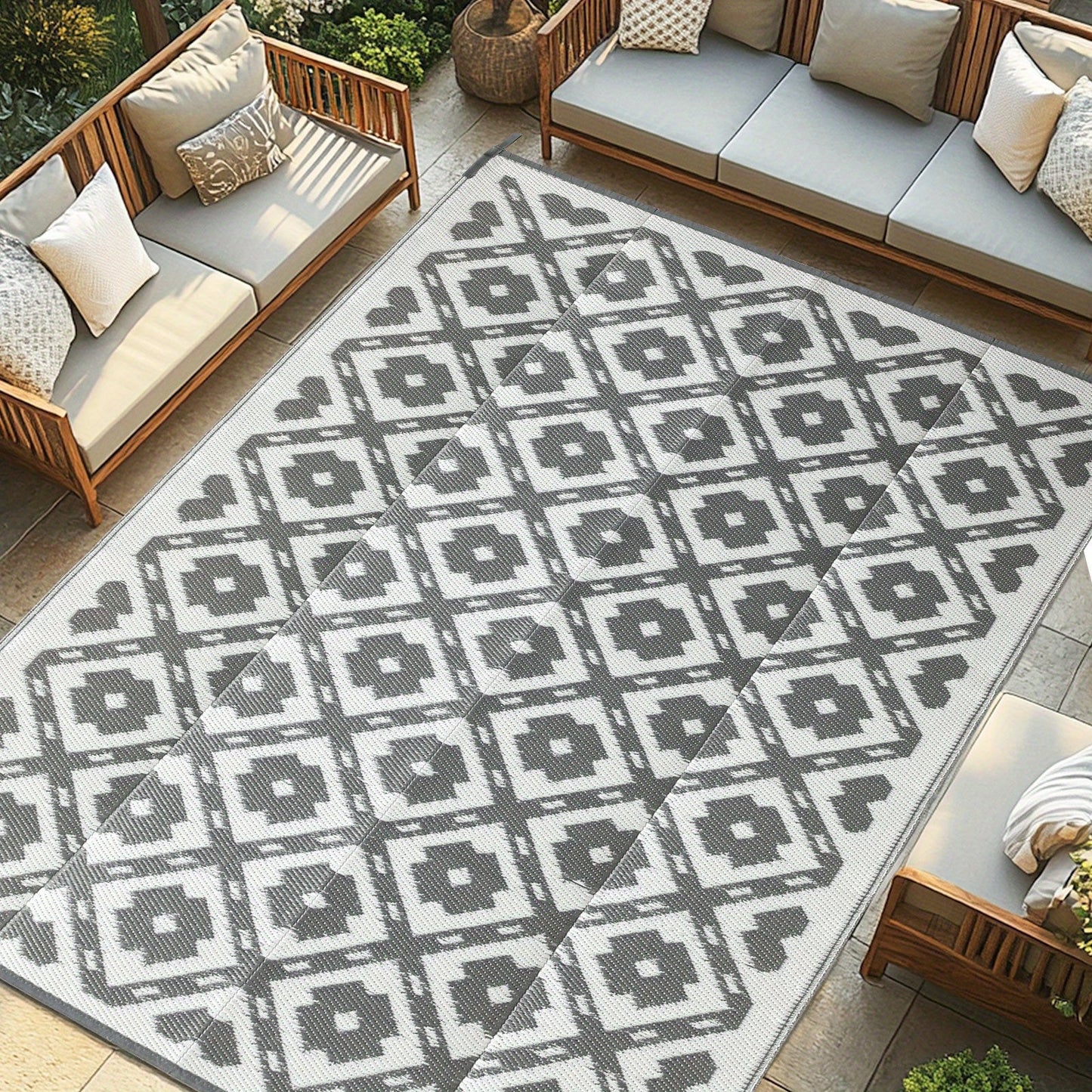 Outdoor Area Rug Waterproof Foldable Picnic Mat for Patio Balcony RV Camping Beach Garden – Blue Clover & Gray, Multiple Sizes