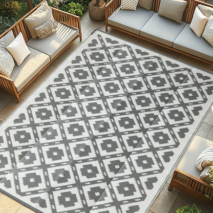 Outdoor Area Rug Waterproof Foldable Picnic Mat for Patio Balcony RV Camping Beach Garden – Blue Clover & Gray, Multiple Sizes