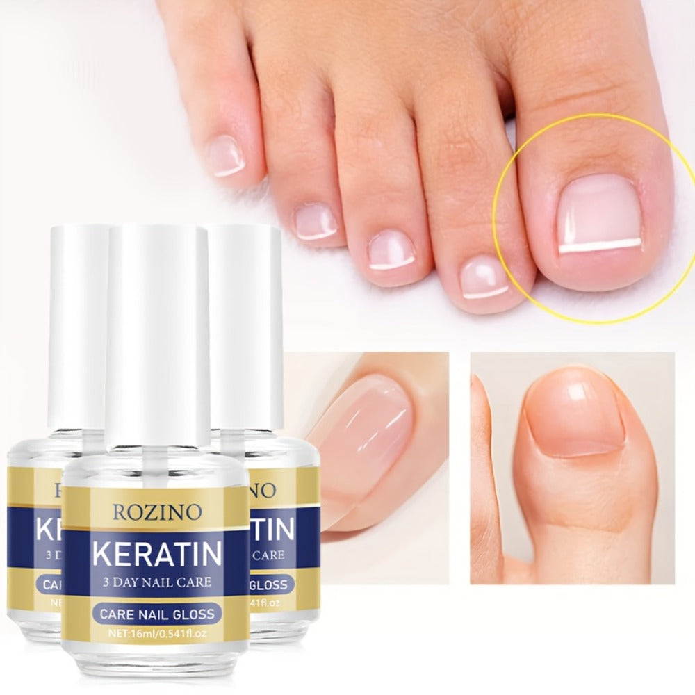 Three-Piece Keratin-Labeled Nail Care Gloss Set in Clear Bottles for Fingernail and Toenail Application