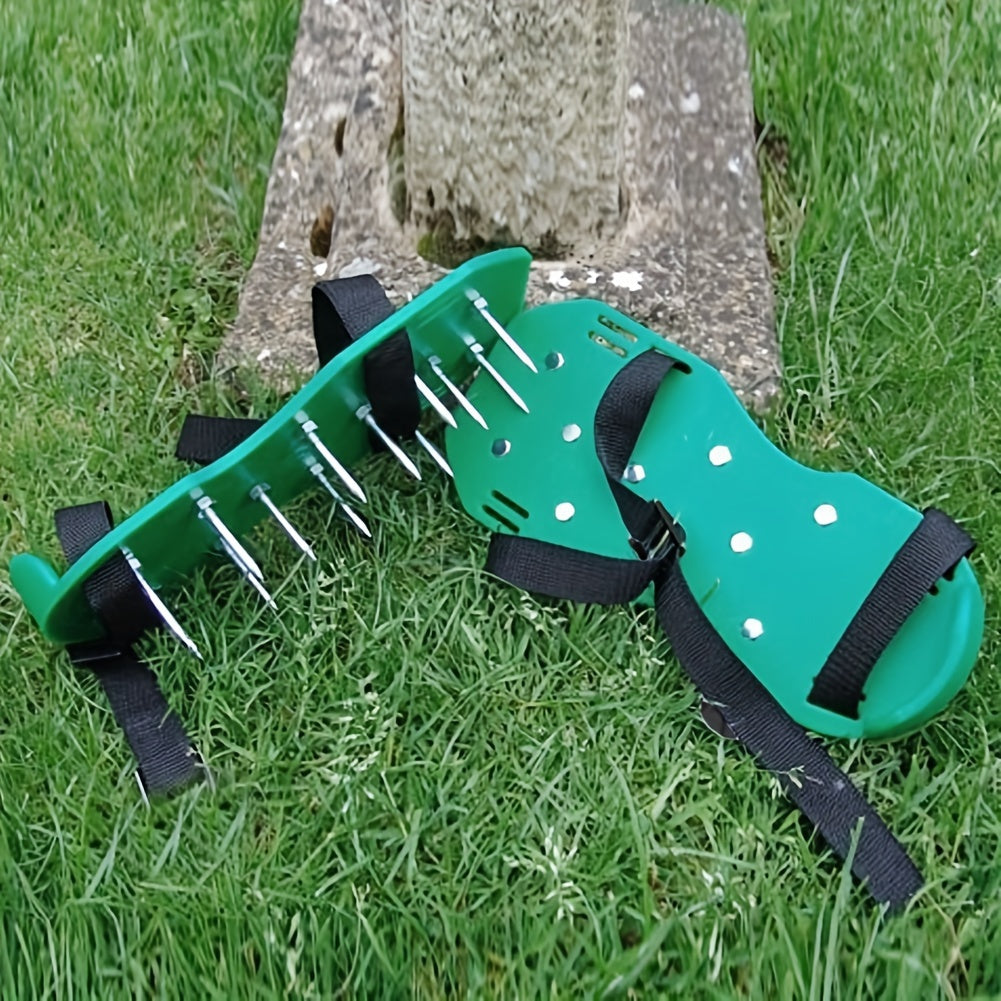 Lawn Aerator Shoe Pair with Green Platforms, Adjustable Black Straps and Spiked Soles for Walking Use