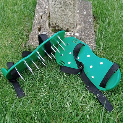 Lawn Aerator Shoe Pair with Green Platforms, Adjustable Black Straps and Spiked Soles for Walking Use