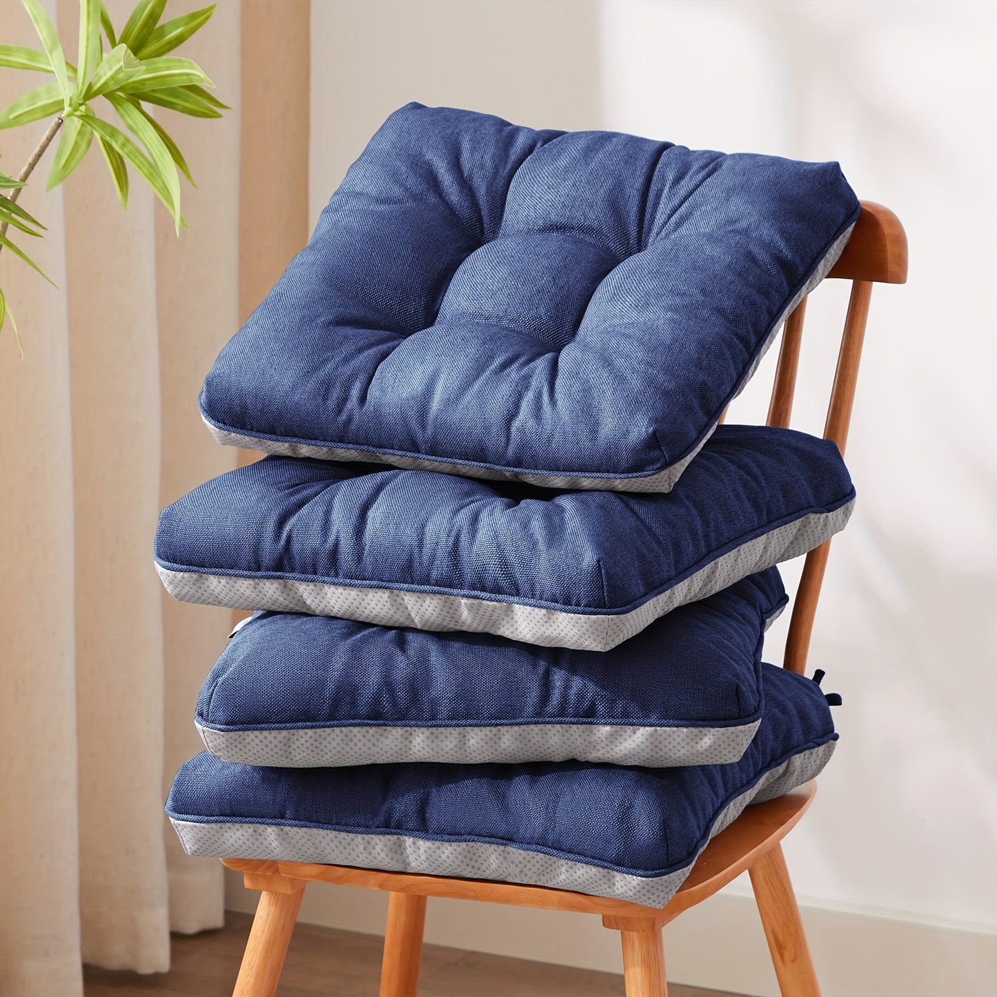 Tufted Chair Cushion Set with Four 15.5-Inch Pads, Tie Straps and 11 Solid Color Choices for Dining Chairs