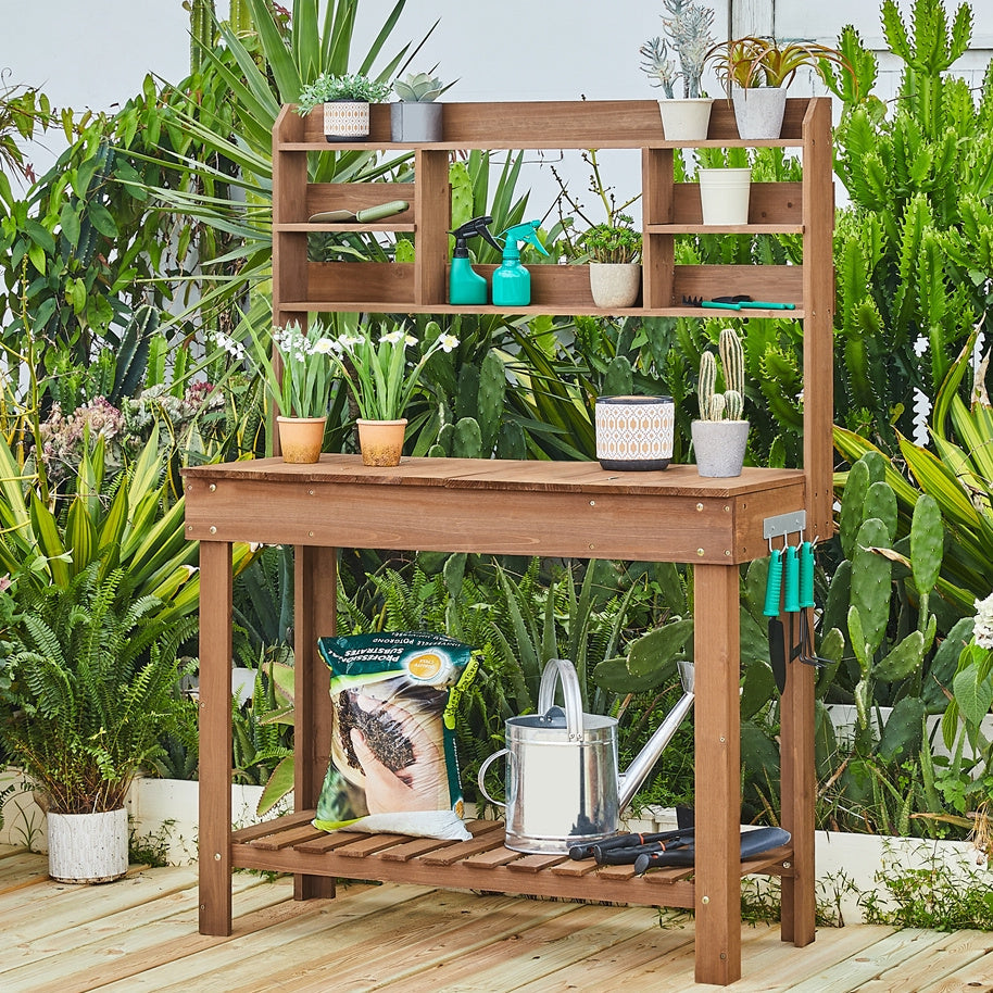 Potting Bench Table Fir Wood Iron Frame Switchable Top Integrated Sink 3-Tier Display Rack Storage Shelf Hanger Waist-High Garden Workstation Outdoor Brown