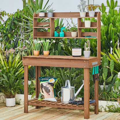 Potting Bench Table Fir Wood Iron Frame Switchable Top Integrated Sink 3-Tier Display Rack Storage Shelf Hanger Waist-High Garden Workstation Outdoor Brown