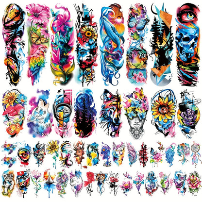 Temporary Tattoos, 46-Sheet Colorful Floral, Geometric, Portrait and Ink-Painting Style Body Art Set