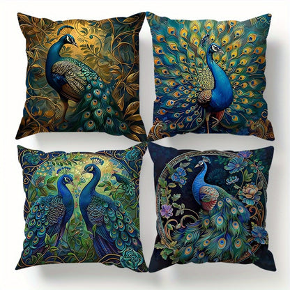 Vintage Peacock Throw Pillow Covers, Set of Four 18 x 18-Inch Short-Plush Cases with Zipper Openings
