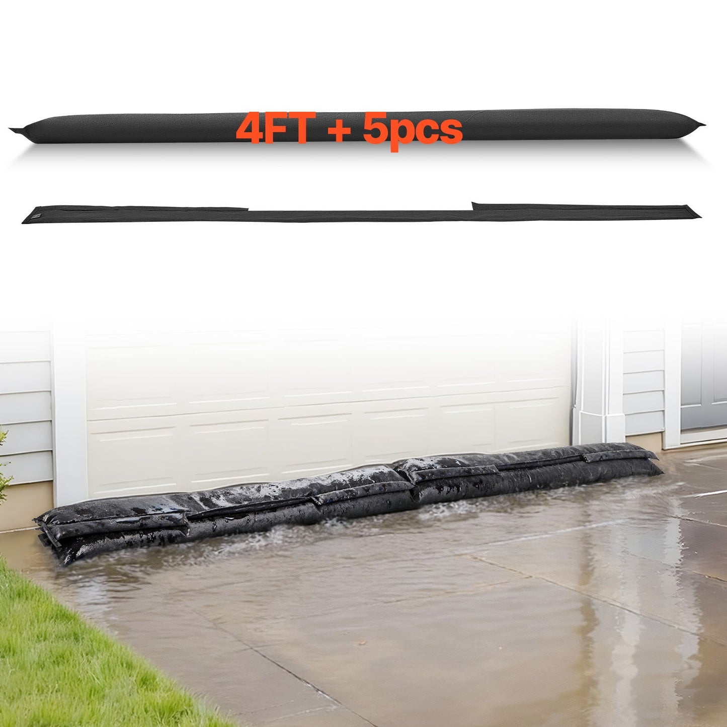 Flood Barrier Bags 4 Pack – Water Activated Sandless Sandbags, Reusable Absorbent Flood Protection for Home, Doorway, Basement & Garage, 5 x 0.7 ft