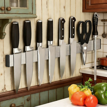 Magnetic Knife Holder Wall Mounted – Stainless Steel Punch-Free Knife Strip Rack for Kitchen, Holds Chef Knife Santoku Bread Knife, No-Drill Knife Bar for Home Restaurant Kitchen Organization