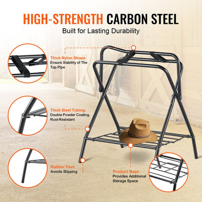 Folding Saddle Rack Freestanding Horse Saddle Stand – Holds 132 lbs, Carbon Steel, Quick-Release Setup, Portable & Space-Saving for Stable, Garage & Barn, 1 or 2 Pack