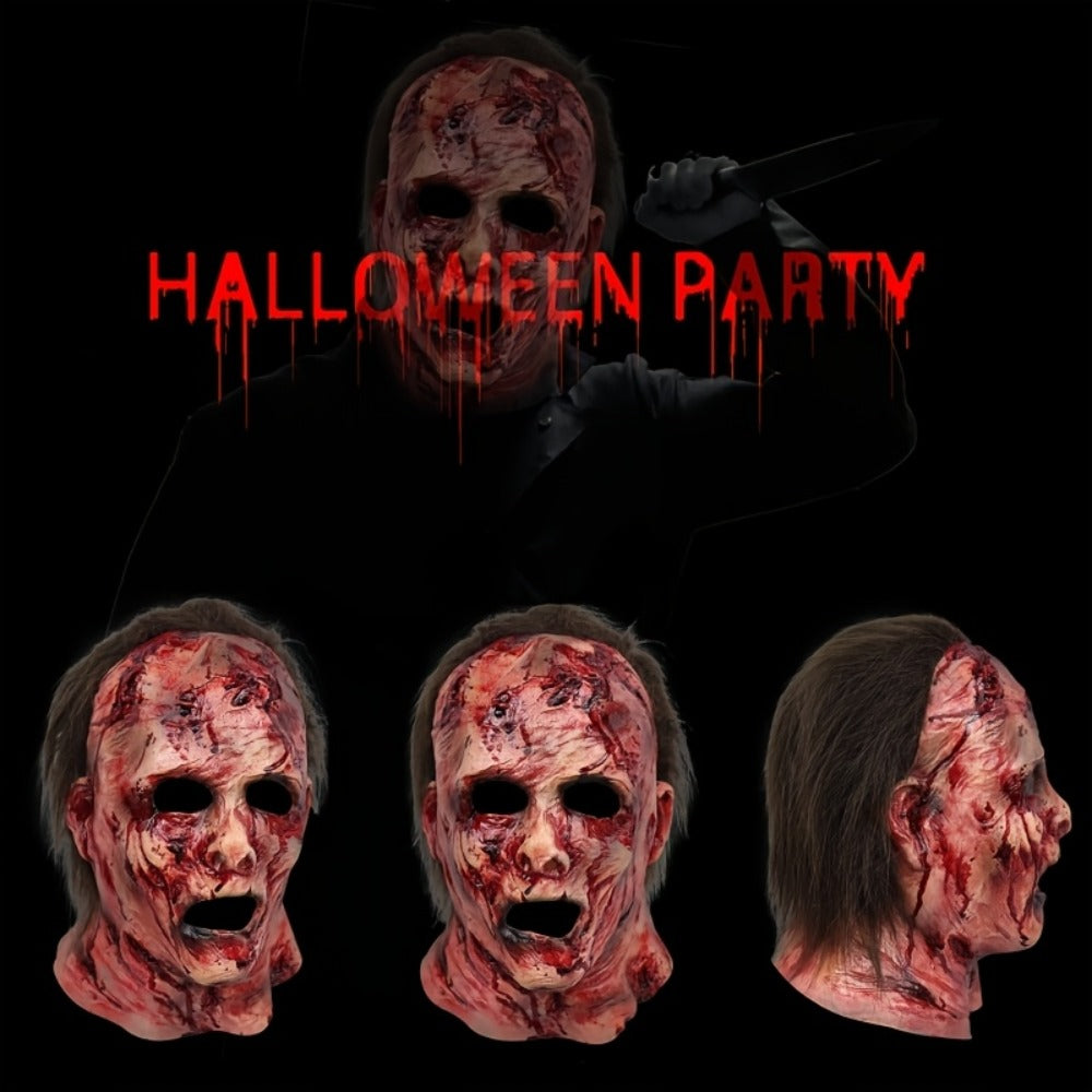 Bloody Decayed Face Full-Head Halloween Mask with Dark Hair, Open Eyes and Mouth for Adult Horror Costumes