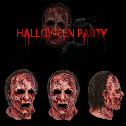 Bloody Decayed Face Full-Head Halloween Mask with Dark Hair, Open Eyes and Mouth for Adult Horror Costumes