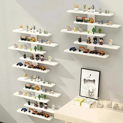 5-Tier Wall Mounted Floating Display Shelf Adjustable Fiberboard | Modern Decorative Storage Rack for Action Figures Building Blocks Collectibles Dolls Statues Home Office Shelving Unit Black White