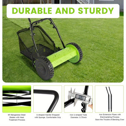 Manual Reel Lawn Mower 5-Blade Push Mower 11.8-Inch Cutting Width Adjustable Height 0.47"-1.77" with 6-Gallon Grass Catcher & Durable Steel Wheels for Residential Lawn