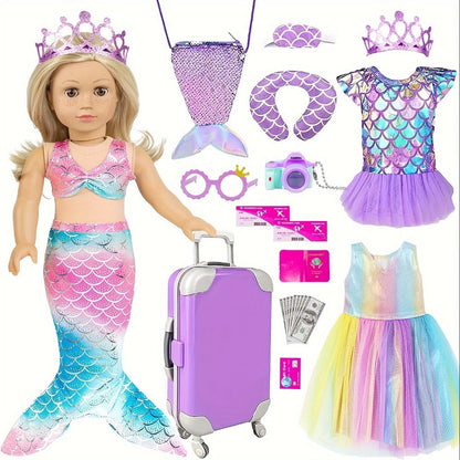 Twenty-Piece Mermaid Travel Accessory Set for 18-Inch Dolls with Purple Suitcase, Skirts and Crown