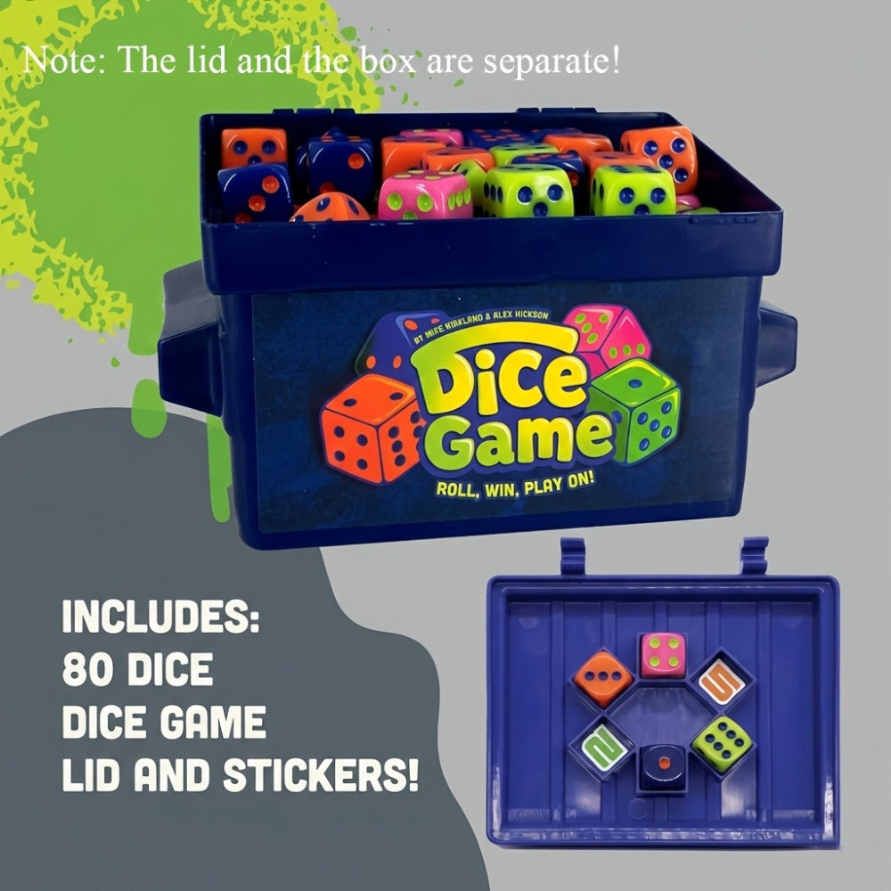Eighty-Dice Party Board Game with Storage Bin, Four Color Sets, Lid Board and Adult Group Rules