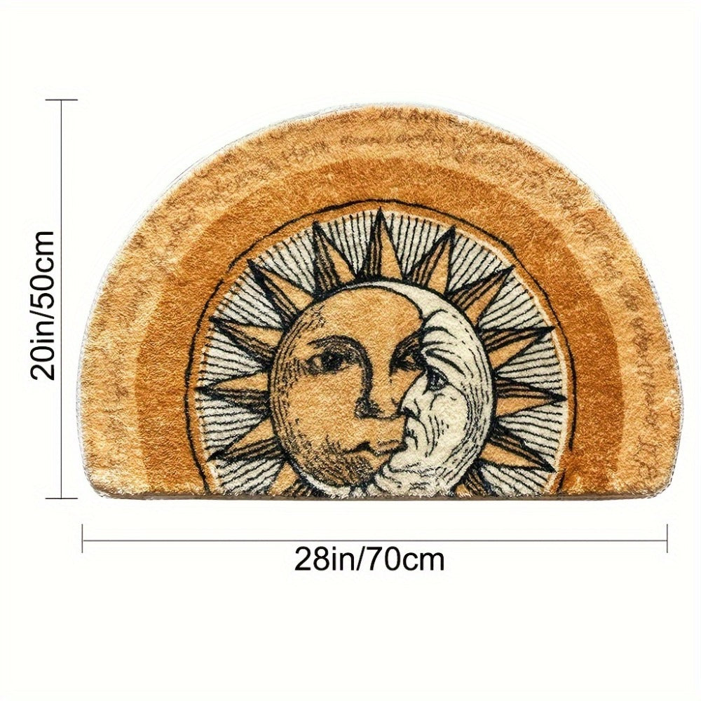 Celestial Sun and Moon Door Mat with Half-Round Shape, Warm Gold and Brown Artwork, 28 x 20 Inches