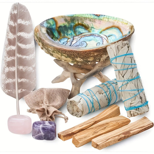 White Sage Smudge Kit 11pcs – 2 White Sage Bundles, 3 Palo Santo Sticks, Abalone Shell with Stand, Crystal Stones – Spiritual Cleansing Gift Set for Home, Meditation & Ritual Decor