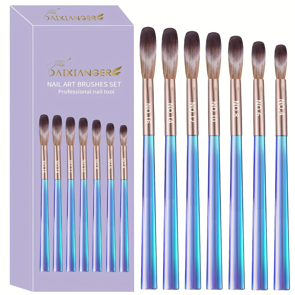 Seven-Piece Nail Art Brush Set with Aurora Blue Handles for Painting, Lining, Dotting and Sculpting
