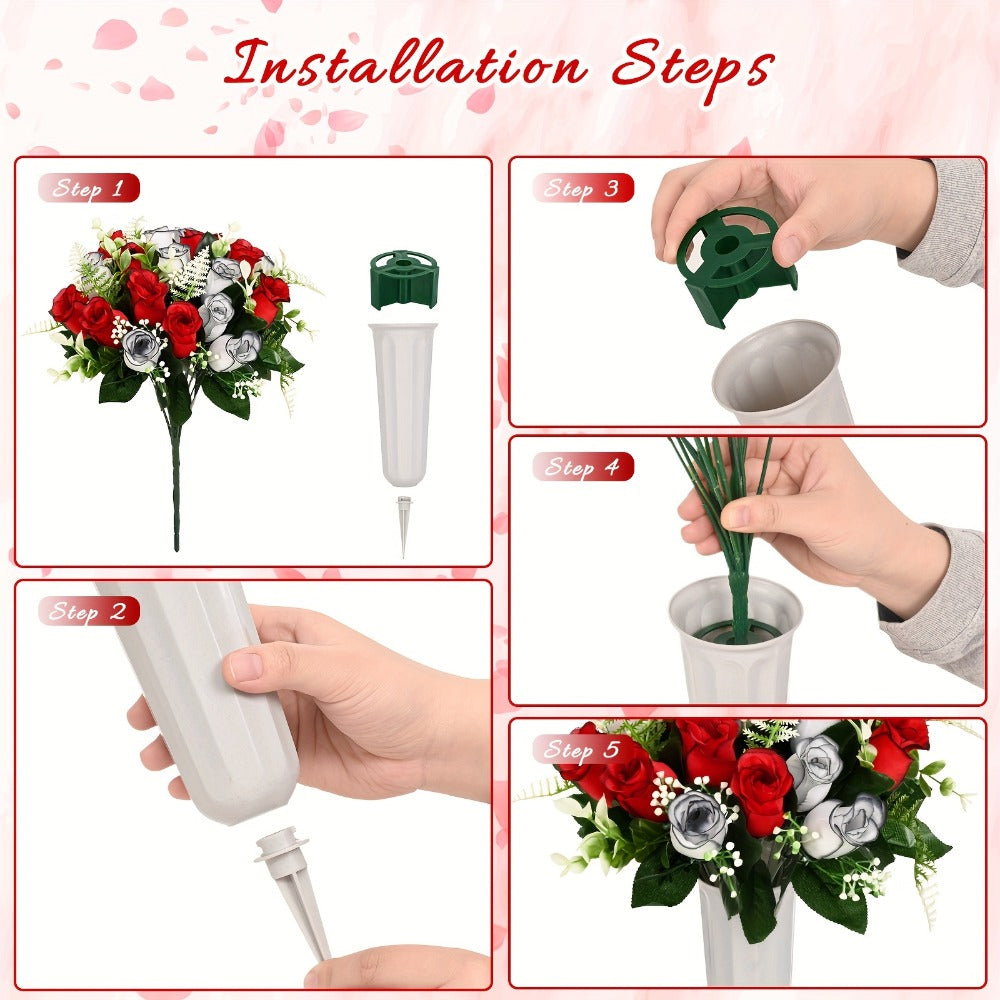 Artificial Cemetery Flowers for Grave with Saddle, Silk Rose Bouquet Headstone Decoration, Memorial Day Grave Flowers