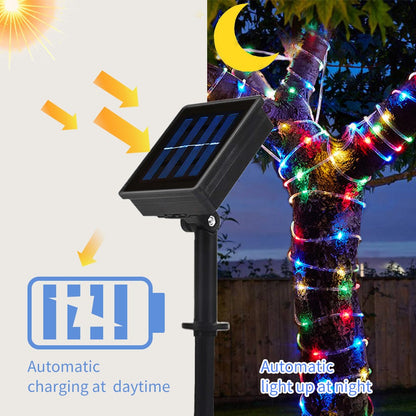 RGB Solar Rope Light with 100 LEDs, 33-Foot Clear Tube and Eight Pictured Lighting Modes for Patio Decor