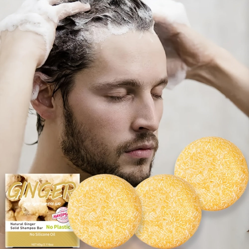 Ginger Shampoo Bar 3pcs × 60g — Natural Handmade Solid Shampoo Bar, Sulfate-Free, Paraben-Free & Vegan | Scalp Stimulating Ginger Formula for Hair Growth | All Hair Types | Unisex Travel Size